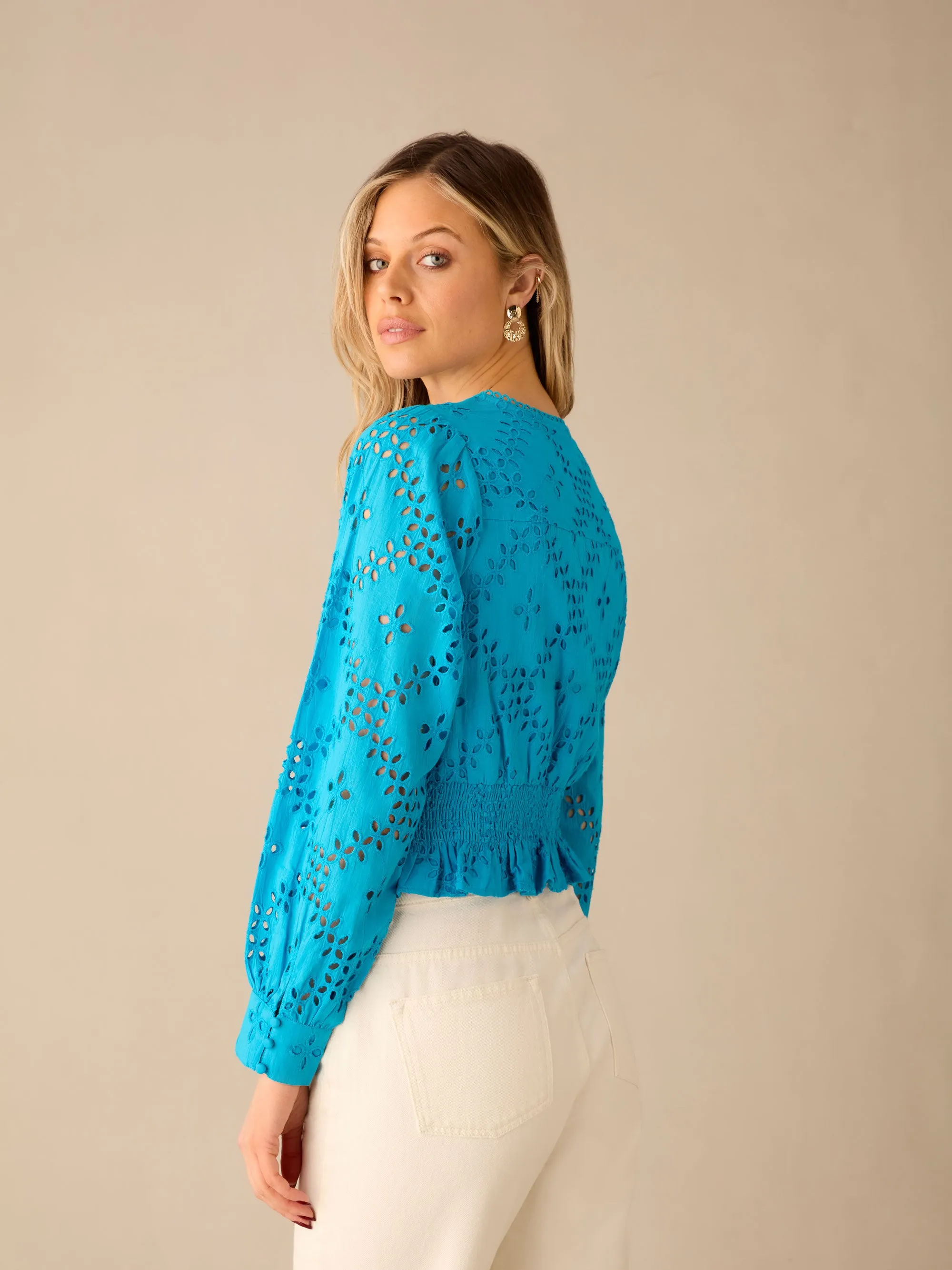 Blue Broderie Shirred Waist Top