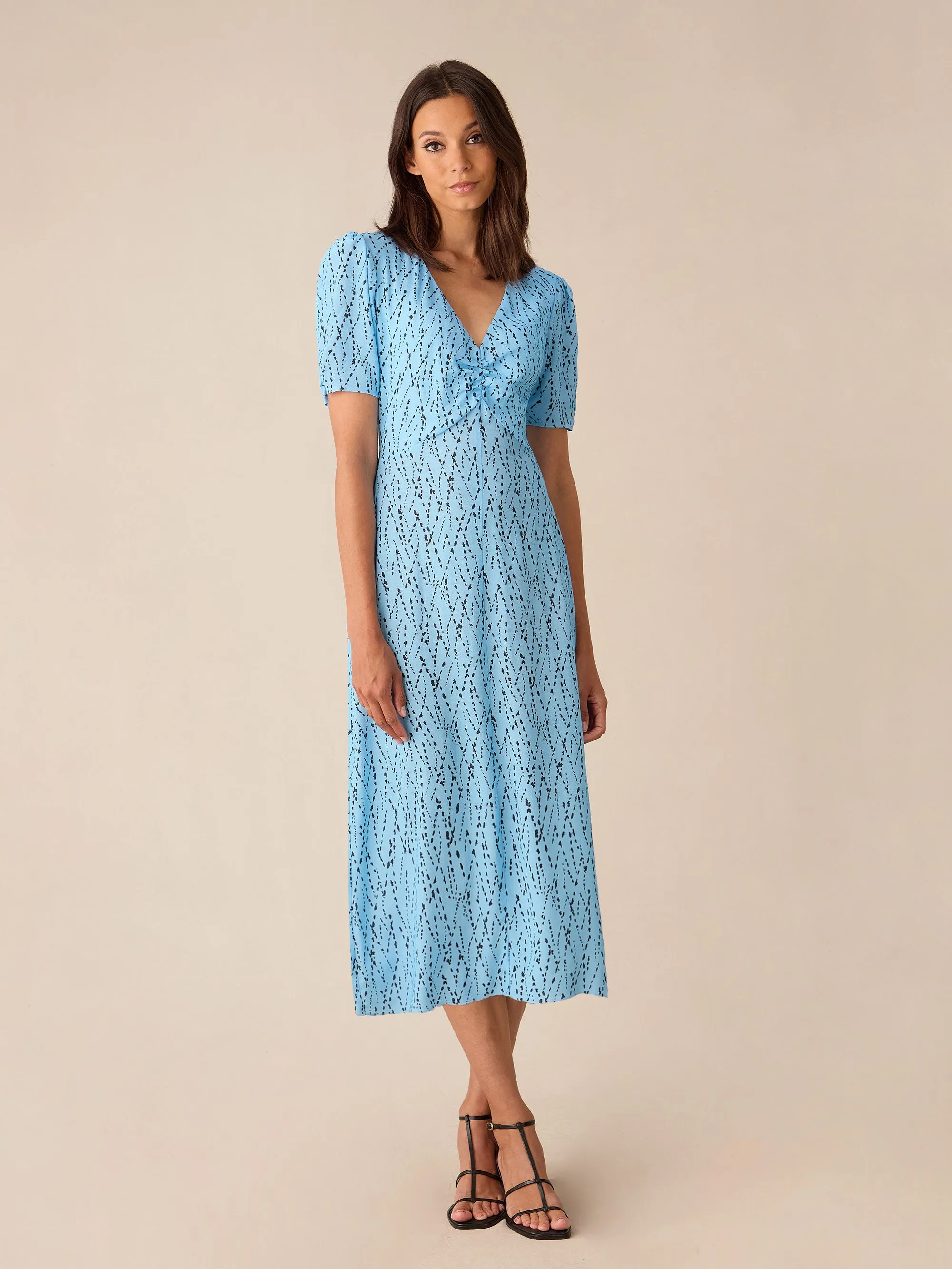 Blue Dash Print Ruched Front Midi Dress