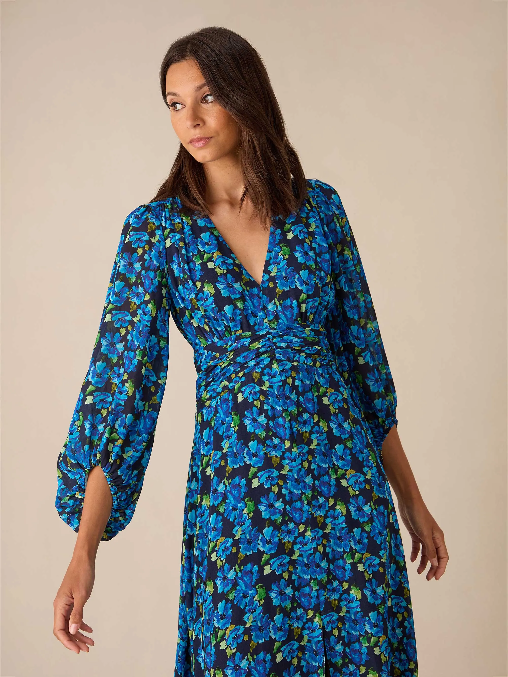 Blue Floral Print Ruched Waist Dress