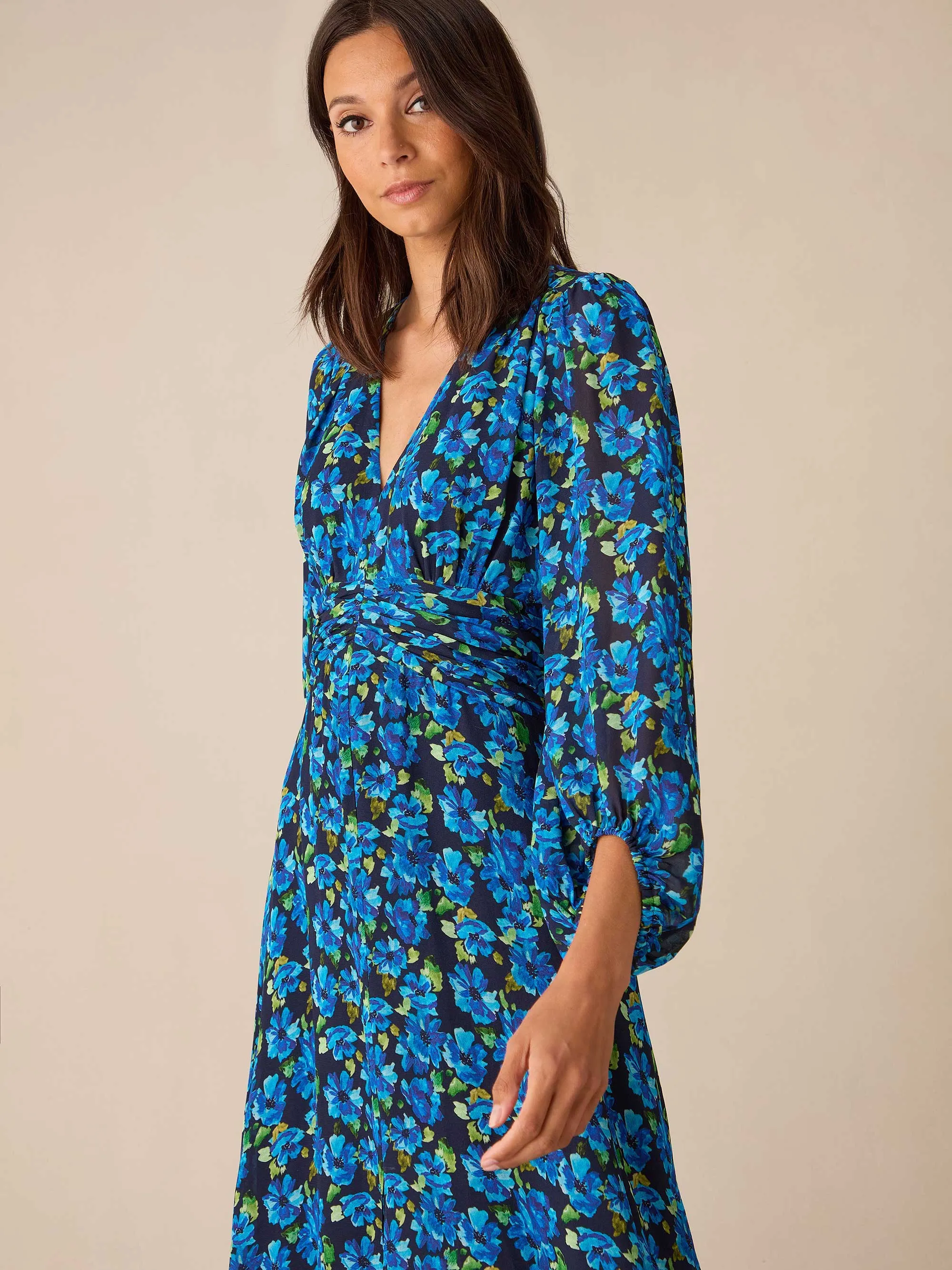 Blue Floral Print Ruched Waist Dress