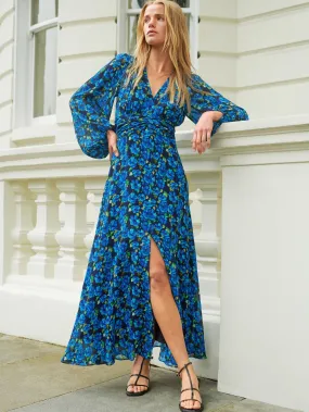 Blue Floral Print Ruched Waist Dress