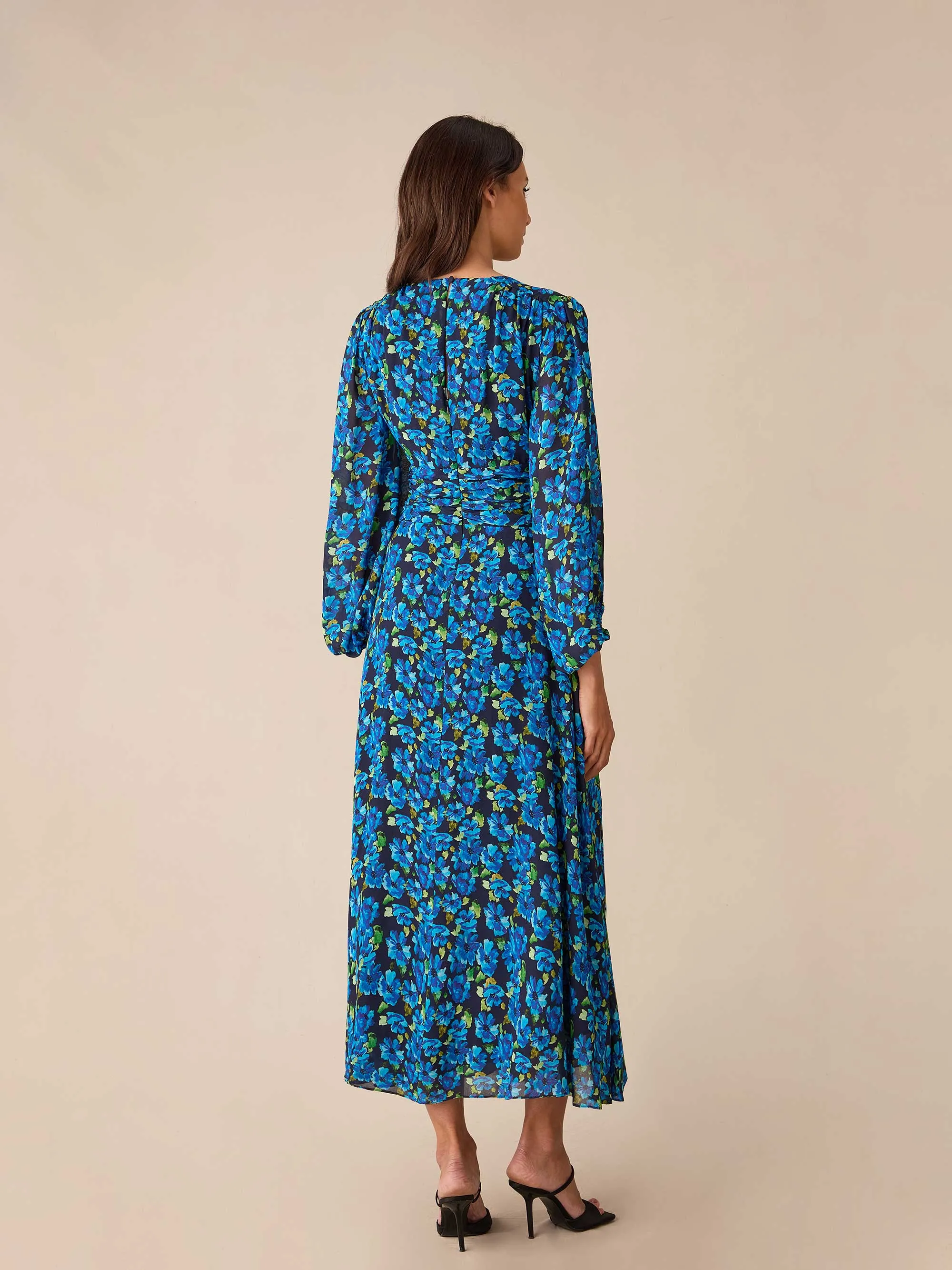 Blue Floral Print Ruched Waist Dress