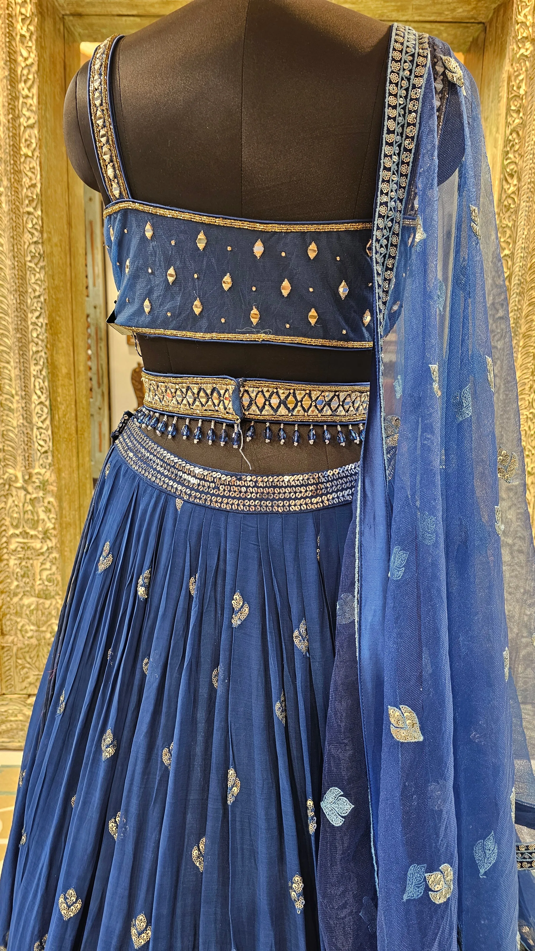 Blue Georgette Lehenga Choli With Mirror, Zari, and Sequins Work.