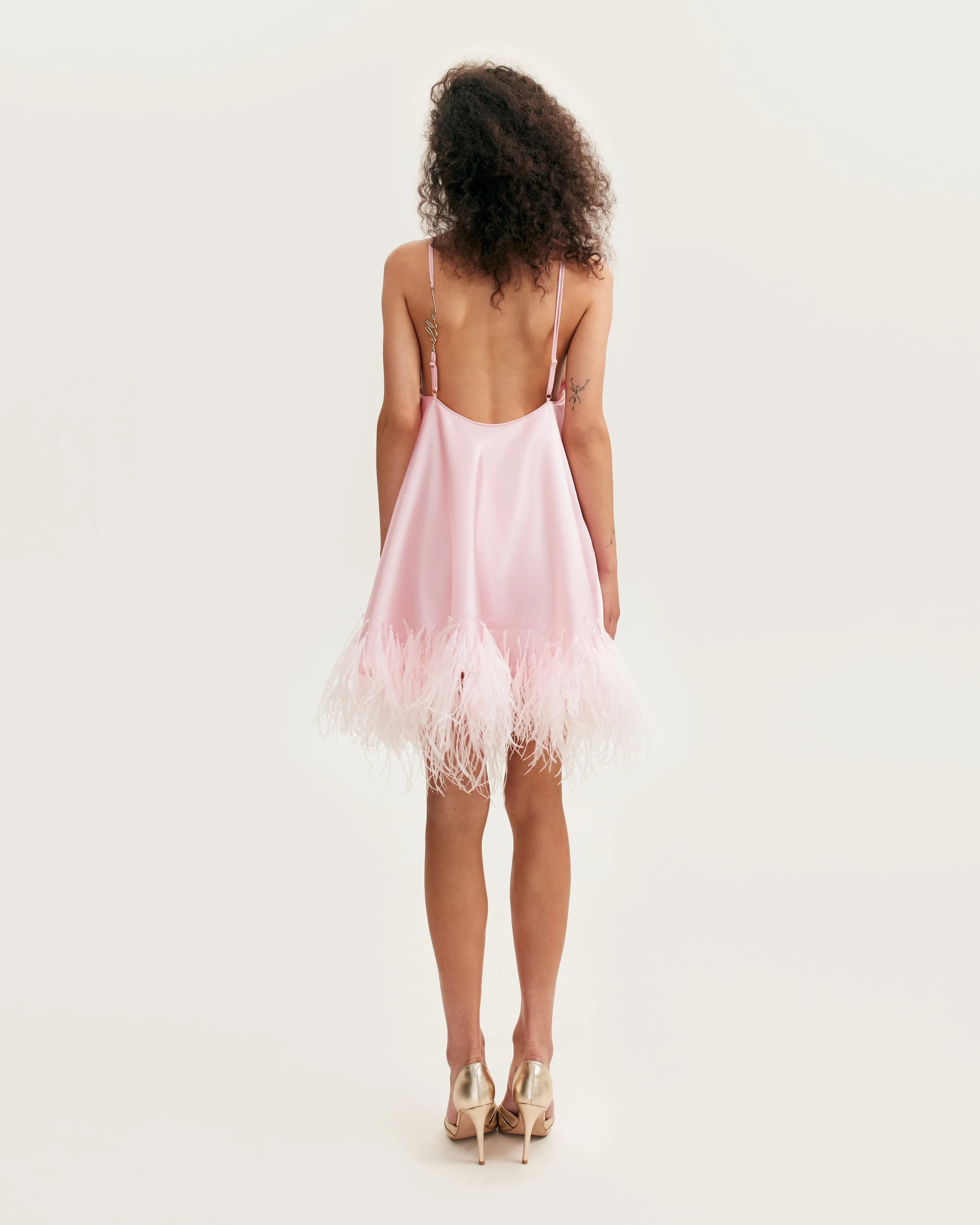 Bohemian pink feather-trimmed slip mini dress, Xo Xo