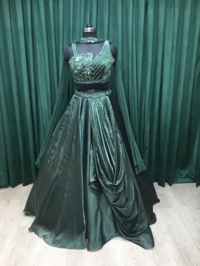 Bottle Green Organza Tissue Lehengas With Japanese Cut Dana and sequins Work