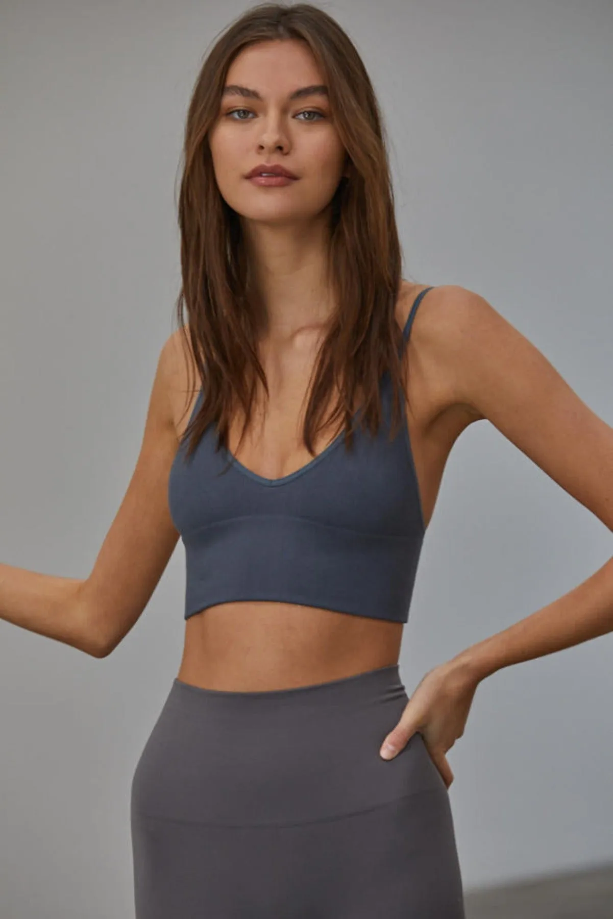 BRAMI RIBBED V-NECK BRA TOP - NEW GREY