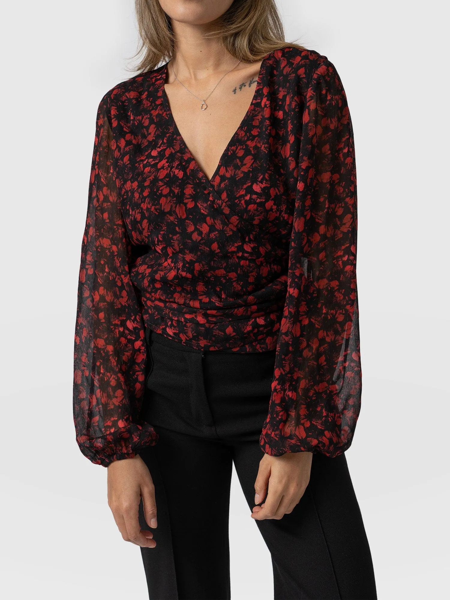 Brook Wrap Blouse - Red Winter Floral