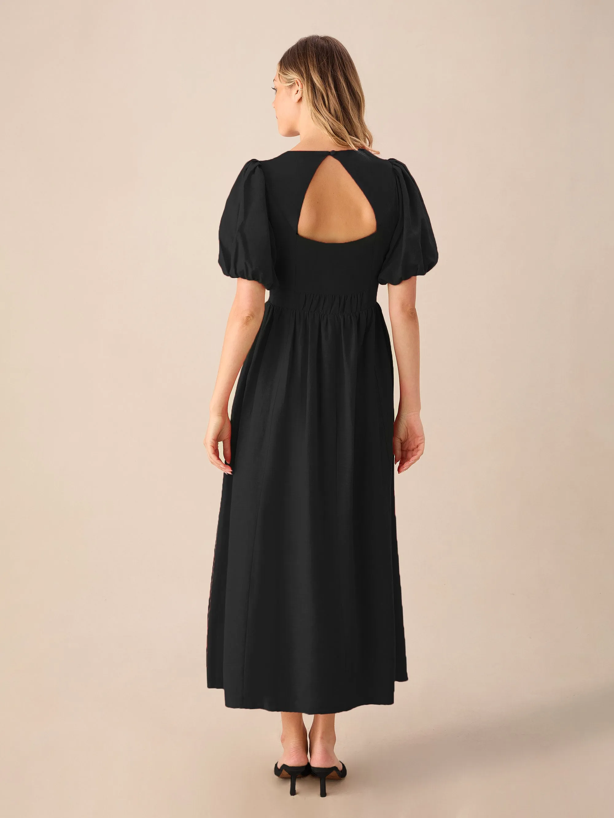 Cara Black Linen-blend Puff Sleeve V-Neck Midi Dress