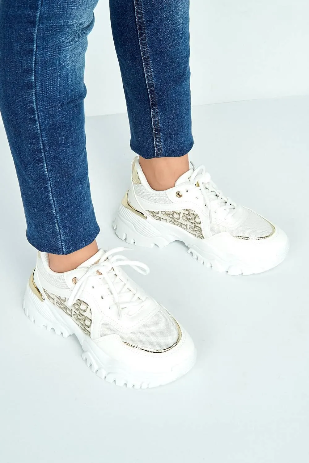 Castelo Knit & Text Detail Chunky Trainer in White