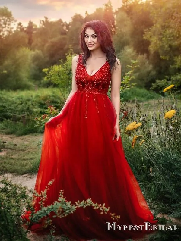 Charming Newest Cute V-neck Red Tulle Top Beaded Long Cheap Formal Prom Dresses, TYP0084