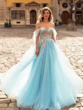 Charming Off-shoulder Tulle Lovely Long Prom Dresses PDS0296