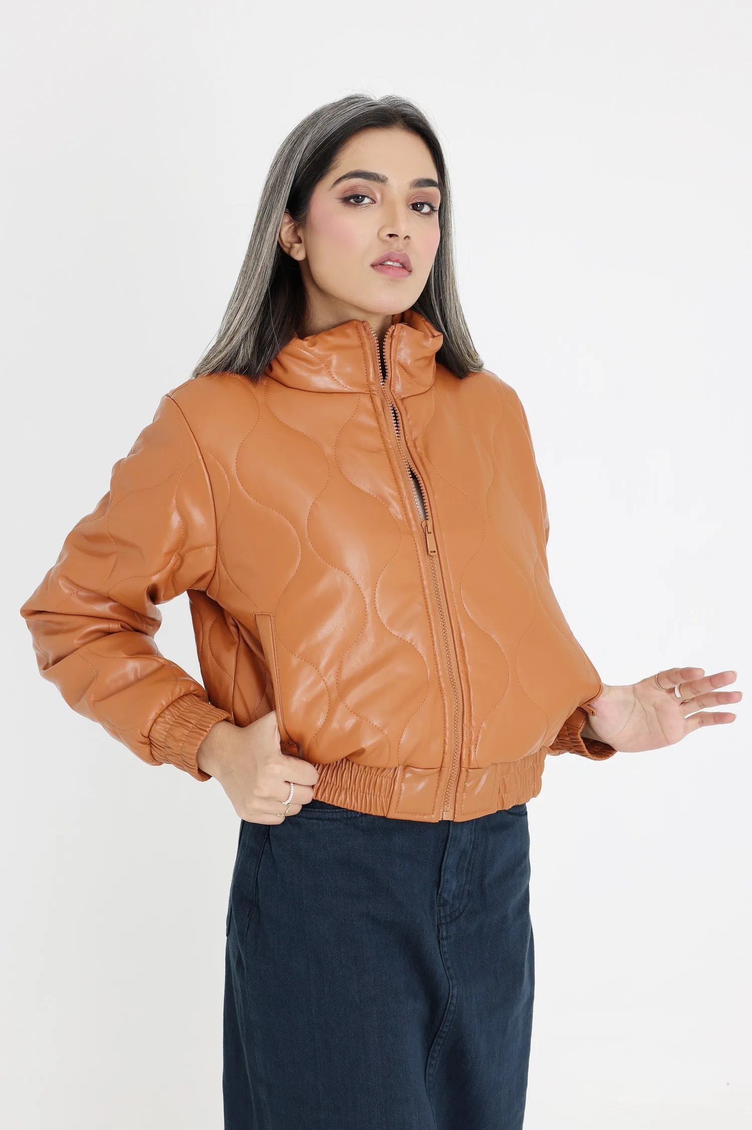 CHIC ELEGANCE LEATHER JACKET-COFFEE