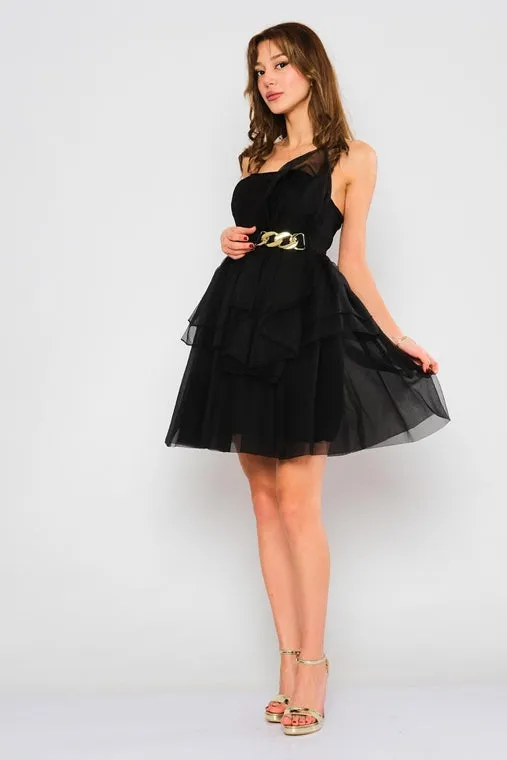 Chiffon Layered Mini dress with Removable Strap - Black