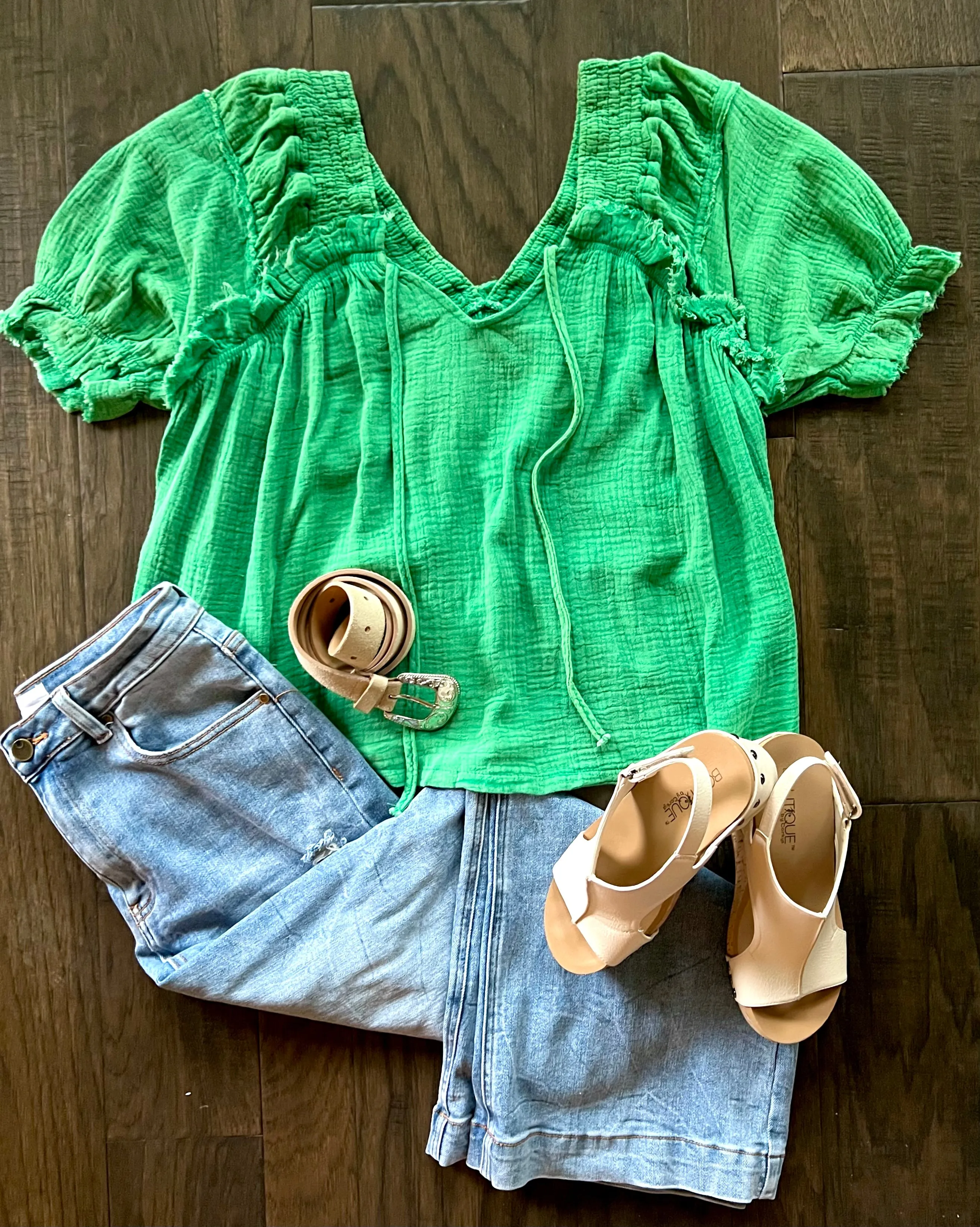 Cotton Gauze Puff Sleeve Top in Green