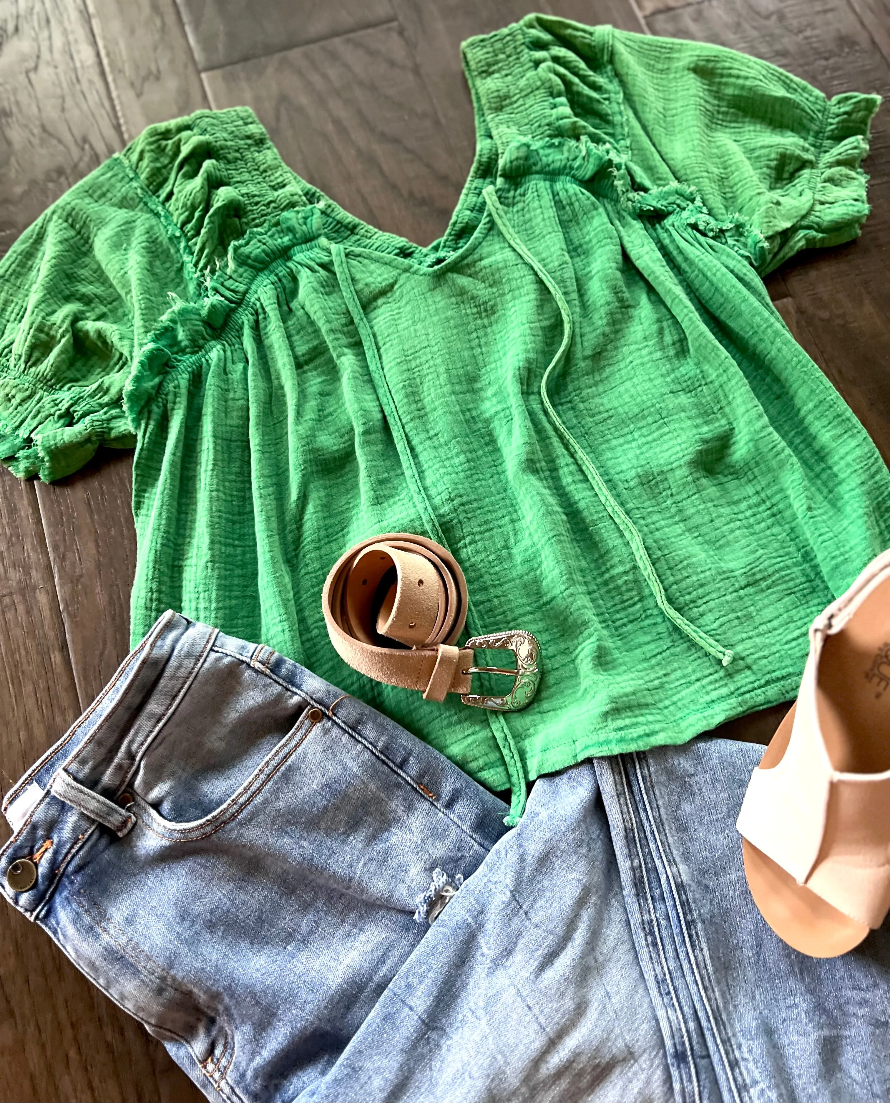 Cotton Gauze Puff Sleeve Top in Green