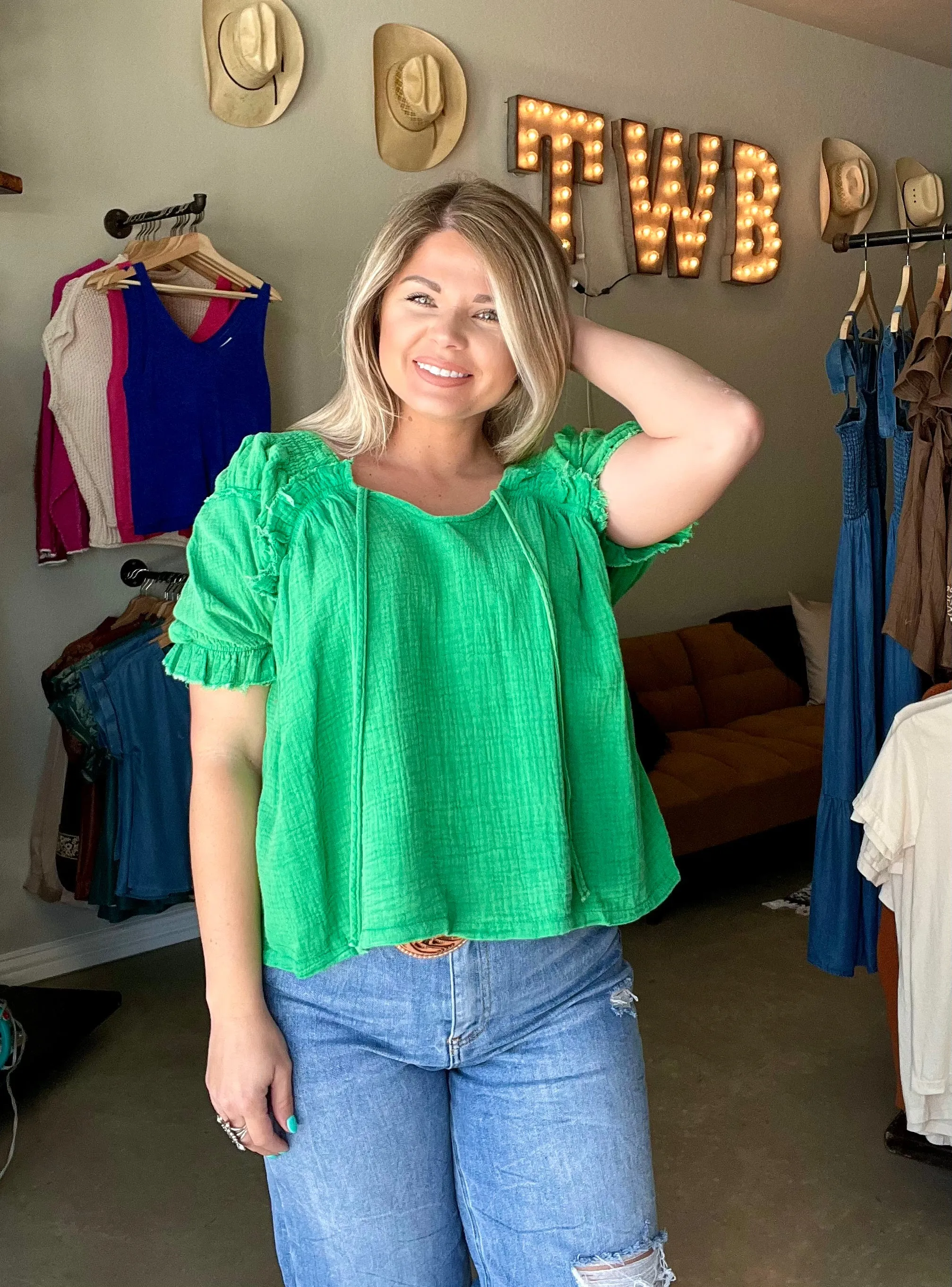 Cotton Gauze Puff Sleeve Top in Green