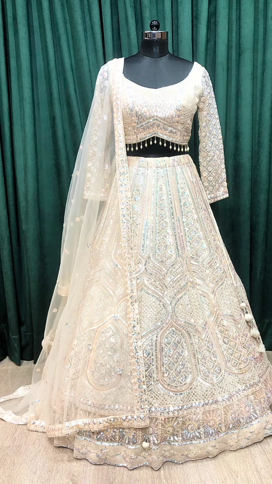 Cream Net Lehenga With Sequence