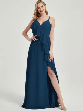 Criss-Cross Straps Ruffles Slit Chiffon Maxi Bridesmaid Dress Ink Blue