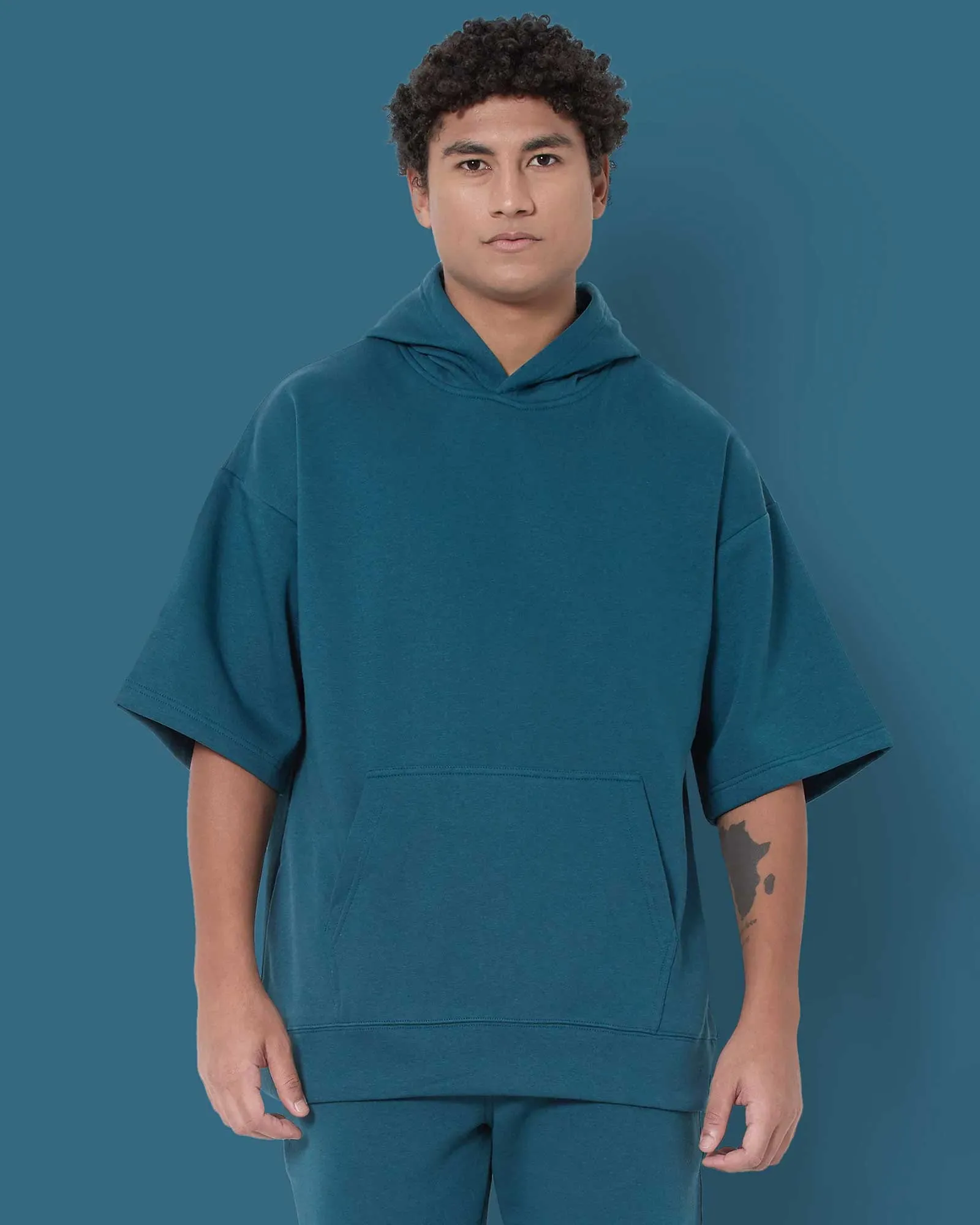 Crop Sleeves Oversized Hoodie: Deep Teal Blue