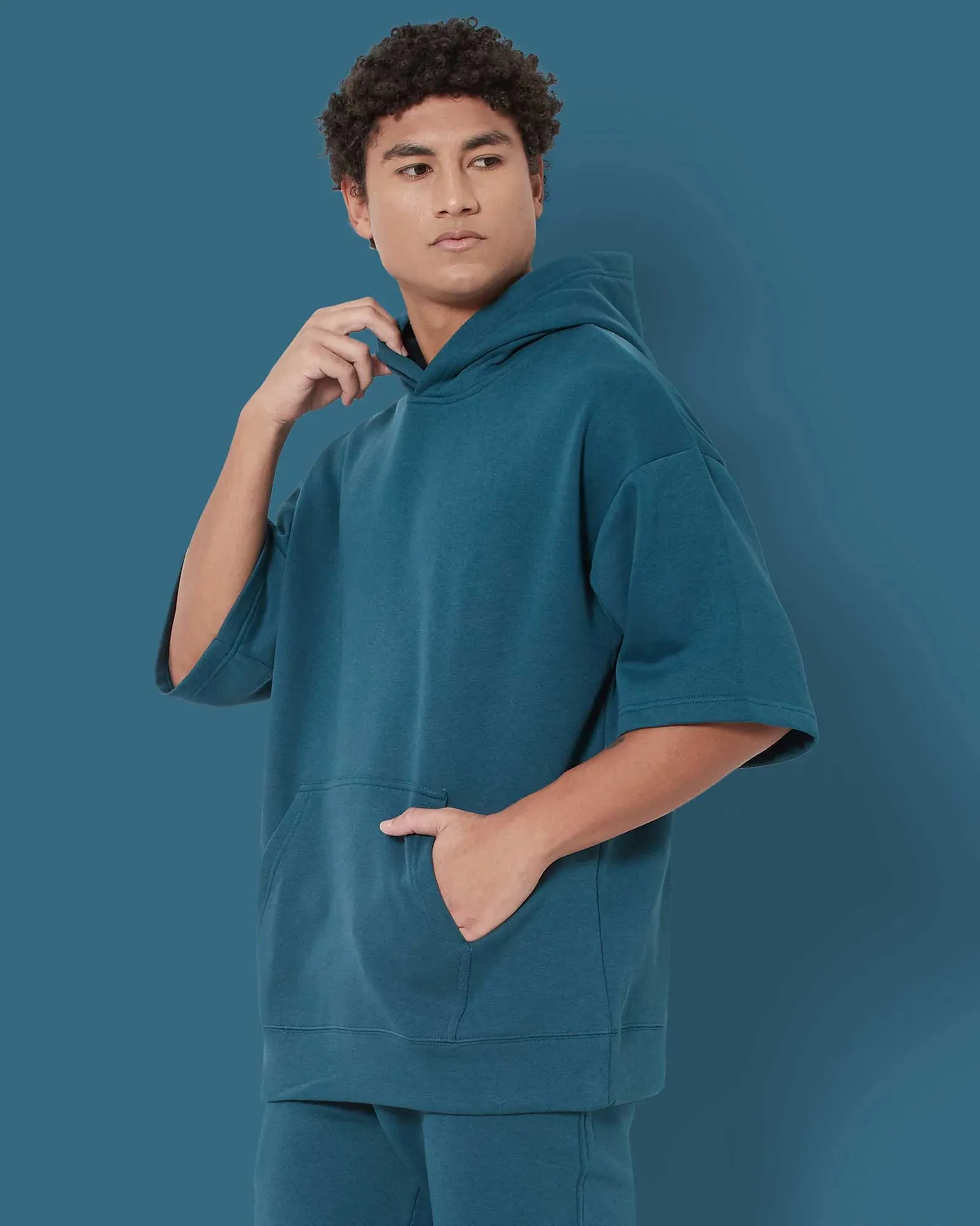 Crop Sleeves Oversized Hoodie: Deep Teal Blue