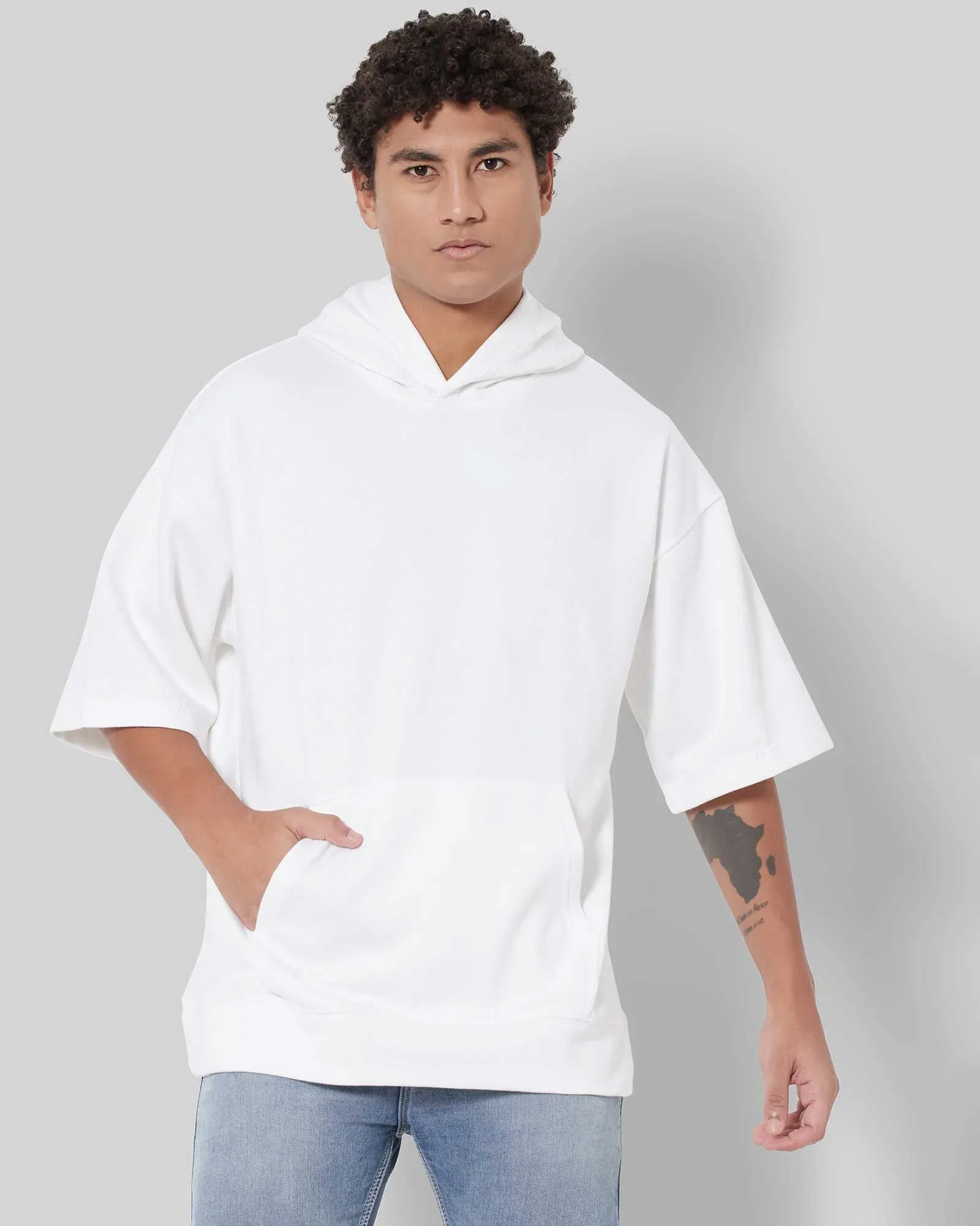 Crop Sleeves Oversized Hoodie: Solid White