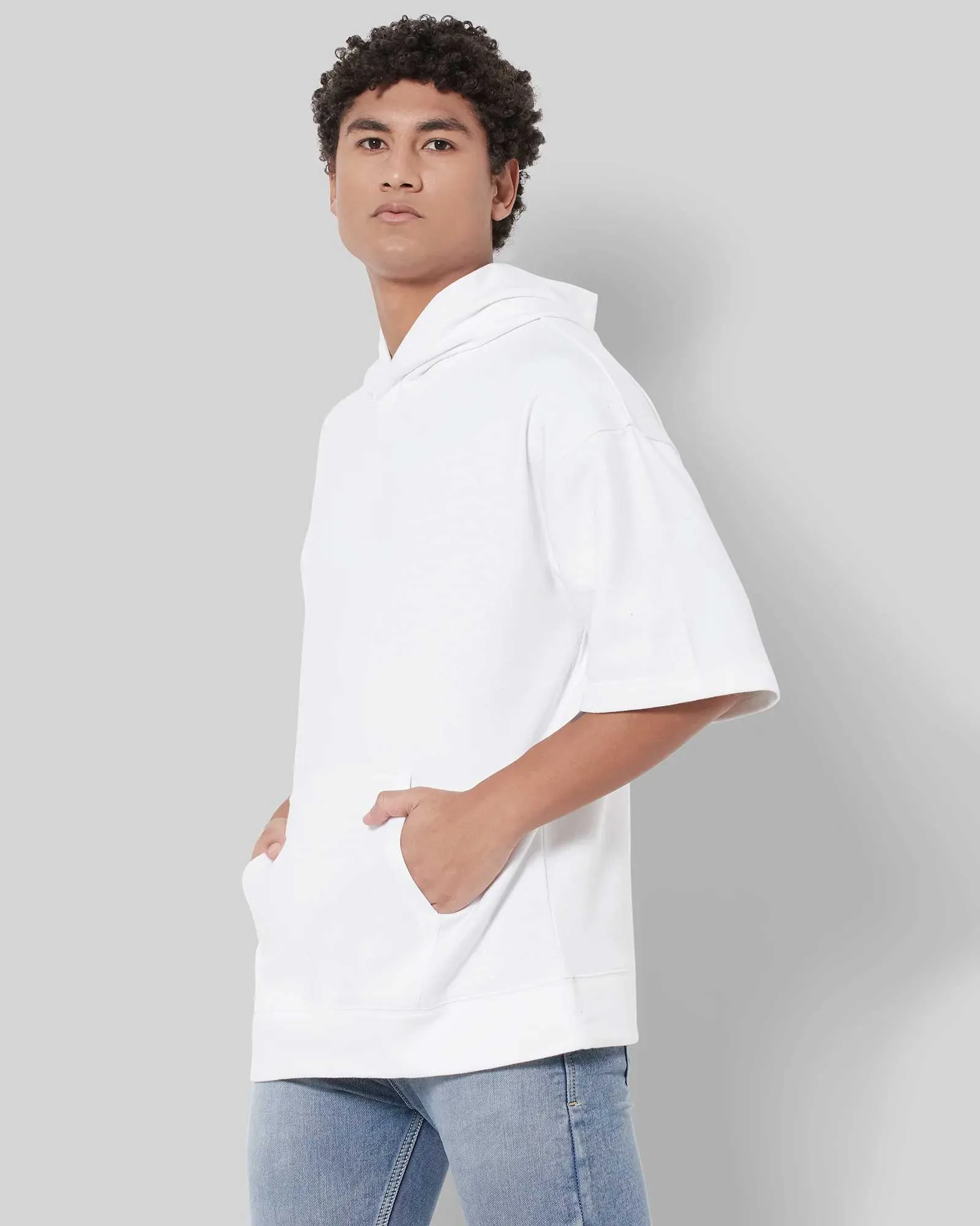 Crop Sleeves Oversized Hoodie: Solid White