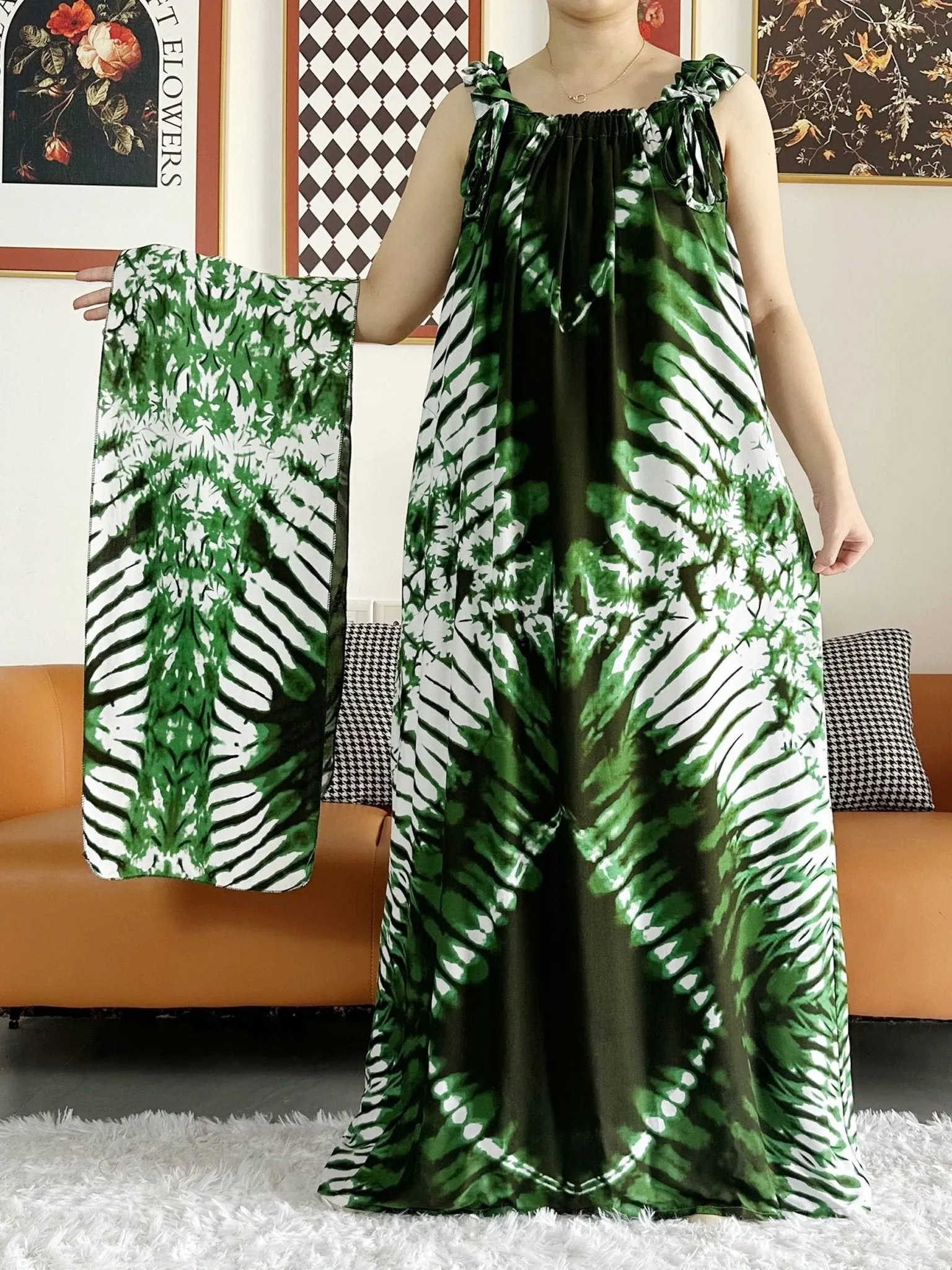 Dashiki Maxi Elegance: Sleeveless Cotton Summer Dress with Matching Scar