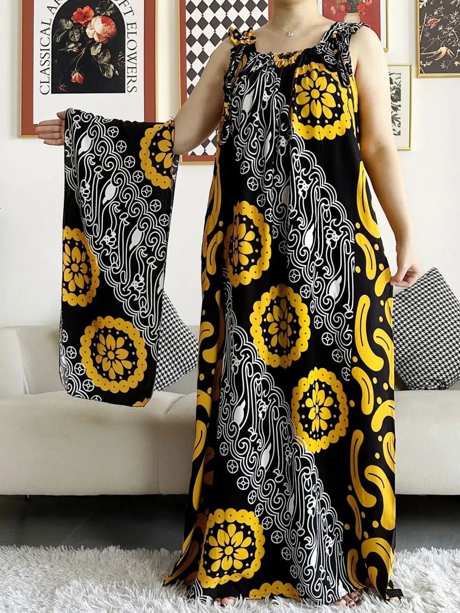 Dashiki Maxi Elegance: Sleeveless Cotton Summer Dress with Matching Scar