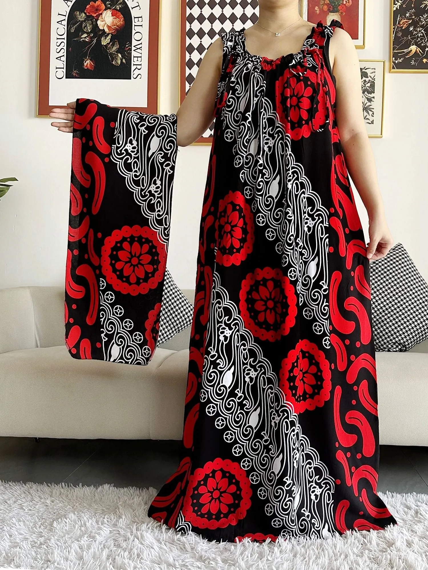 Dashiki Maxi Elegance: Sleeveless Cotton Summer Dress with Matching Scar