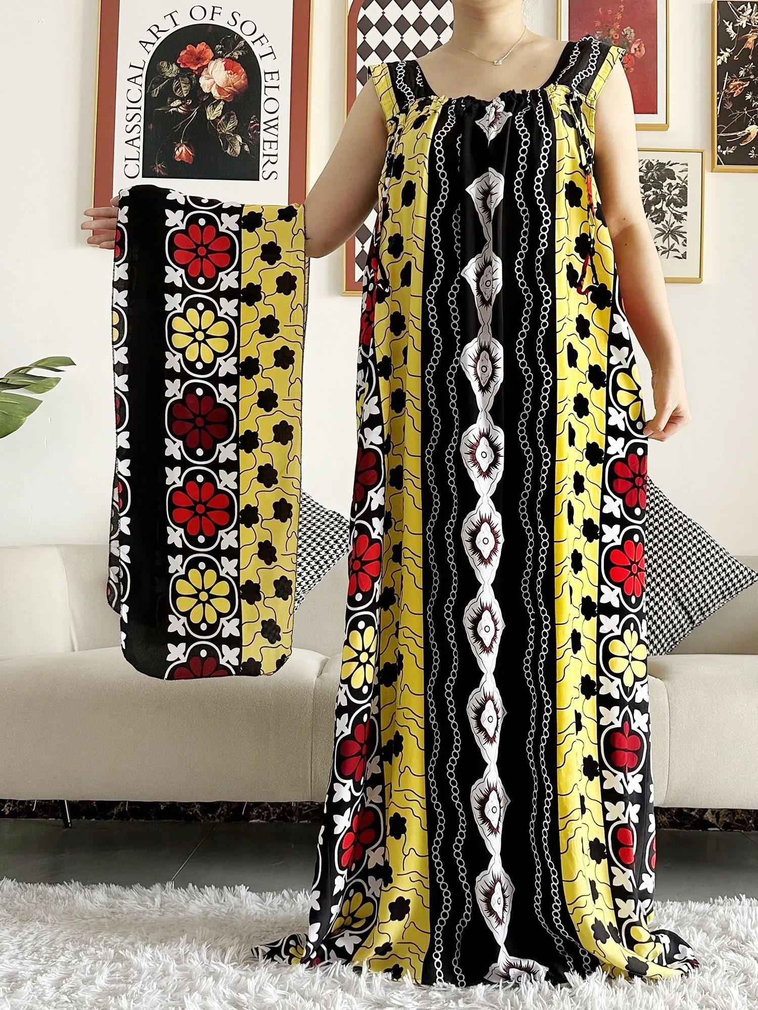 Dashiki Maxi Elegance: Sleeveless Cotton Summer Dress with Matching Scar