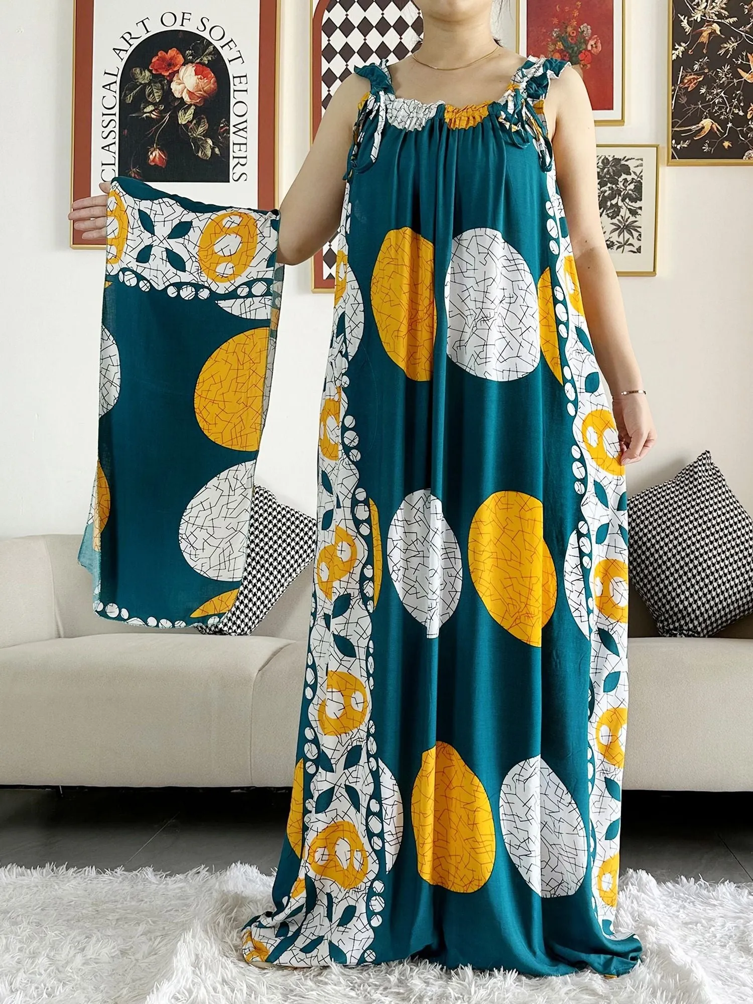 Dashiki Maxi Elegance: Sleeveless Cotton Summer Dress with Matching Scar