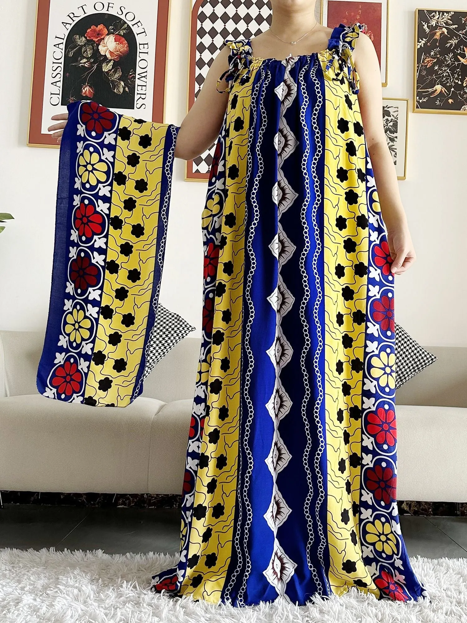 Dashiki Maxi Elegance: Sleeveless Cotton Summer Dress with Matching Scar