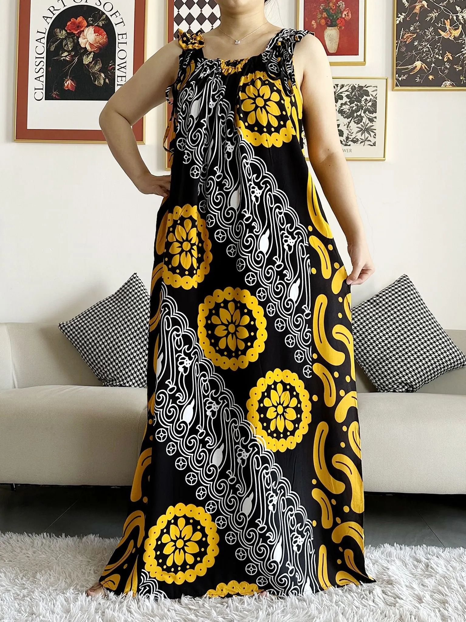 Dashiki Maxi Elegance: Sleeveless Cotton Summer Dress with Matching Scar