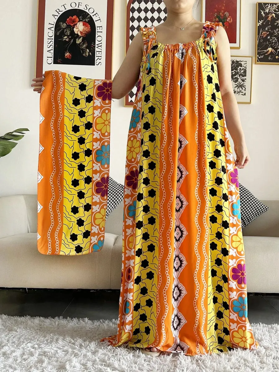 Dashiki Maxi Elegance: Sleeveless Cotton Summer Dress with Matching Scar