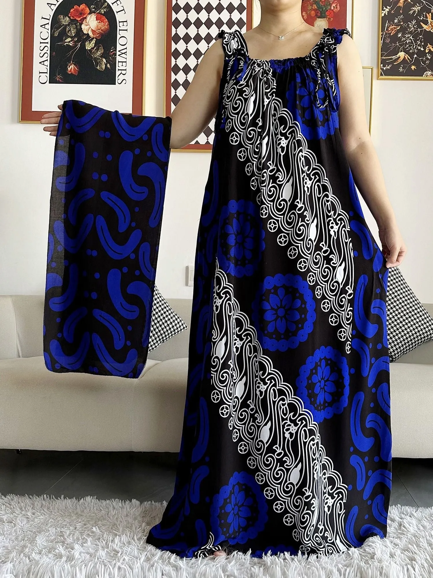 Dashiki Maxi Elegance: Sleeveless Cotton Summer Dress with Matching Scar