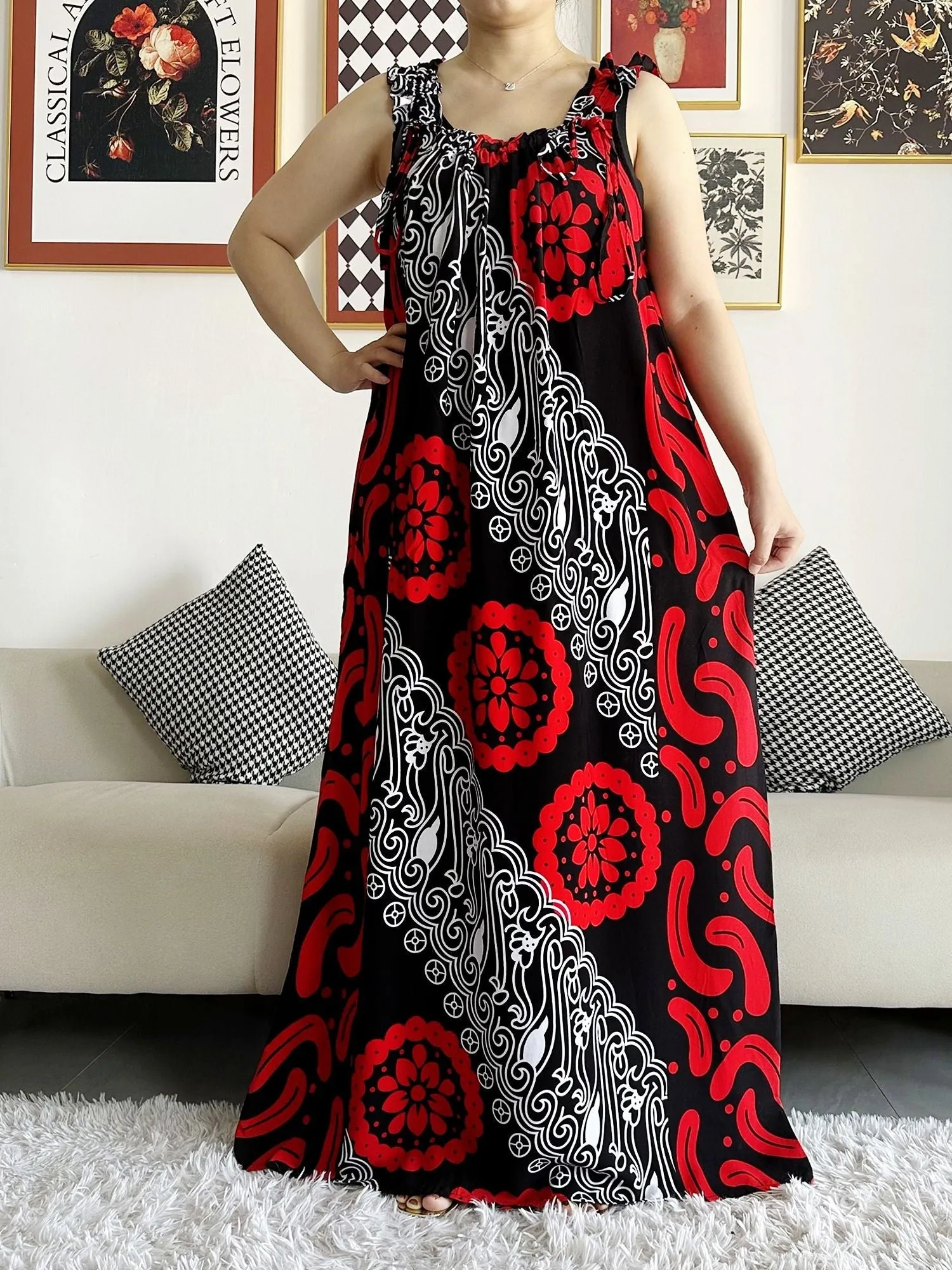 Dashiki Maxi Elegance: Sleeveless Cotton Summer Dress with Matching Scar