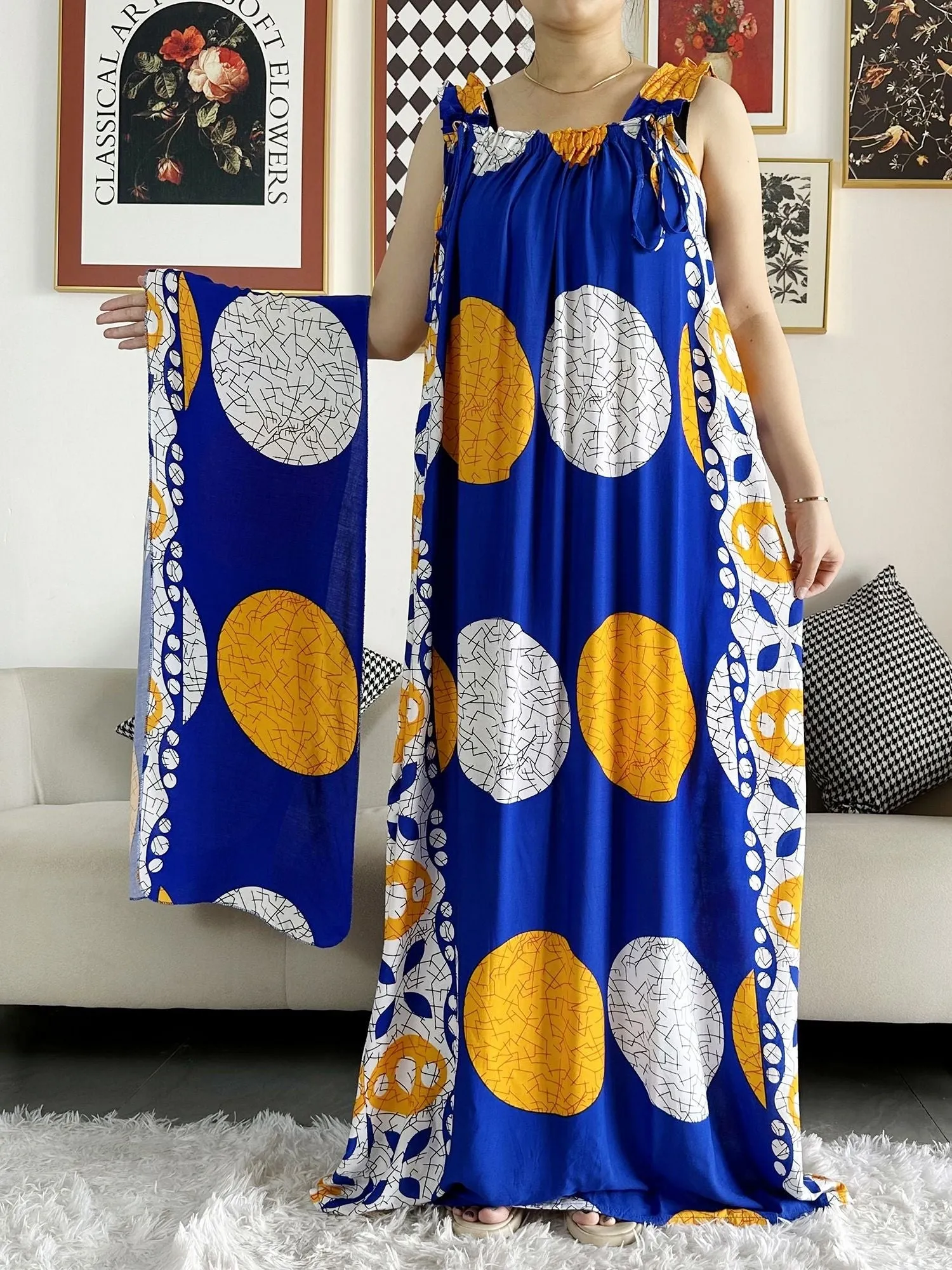 Dashiki Maxi Elegance: Sleeveless Cotton Summer Dress with Matching Scar