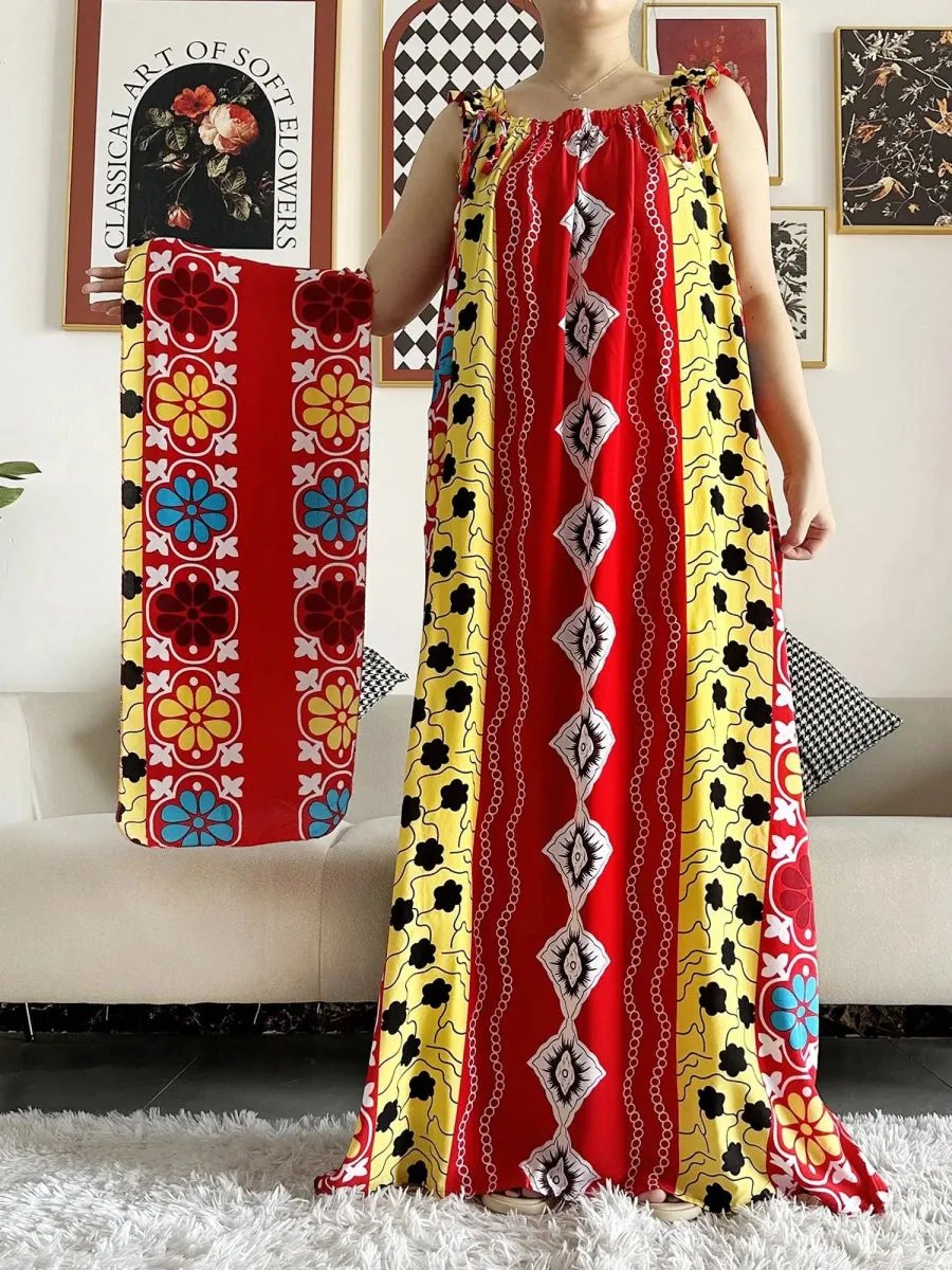 Dashiki Maxi Elegance: Sleeveless Cotton Summer Dress with Matching Scar