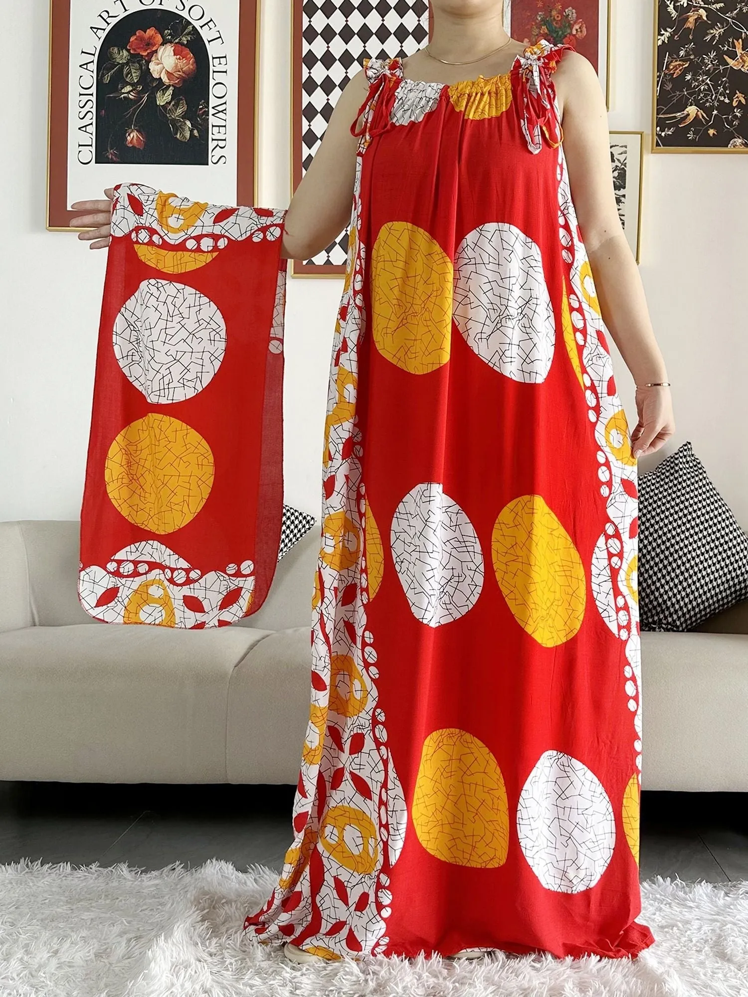 Dashiki Maxi Elegance: Sleeveless Cotton Summer Dress with Matching Scar