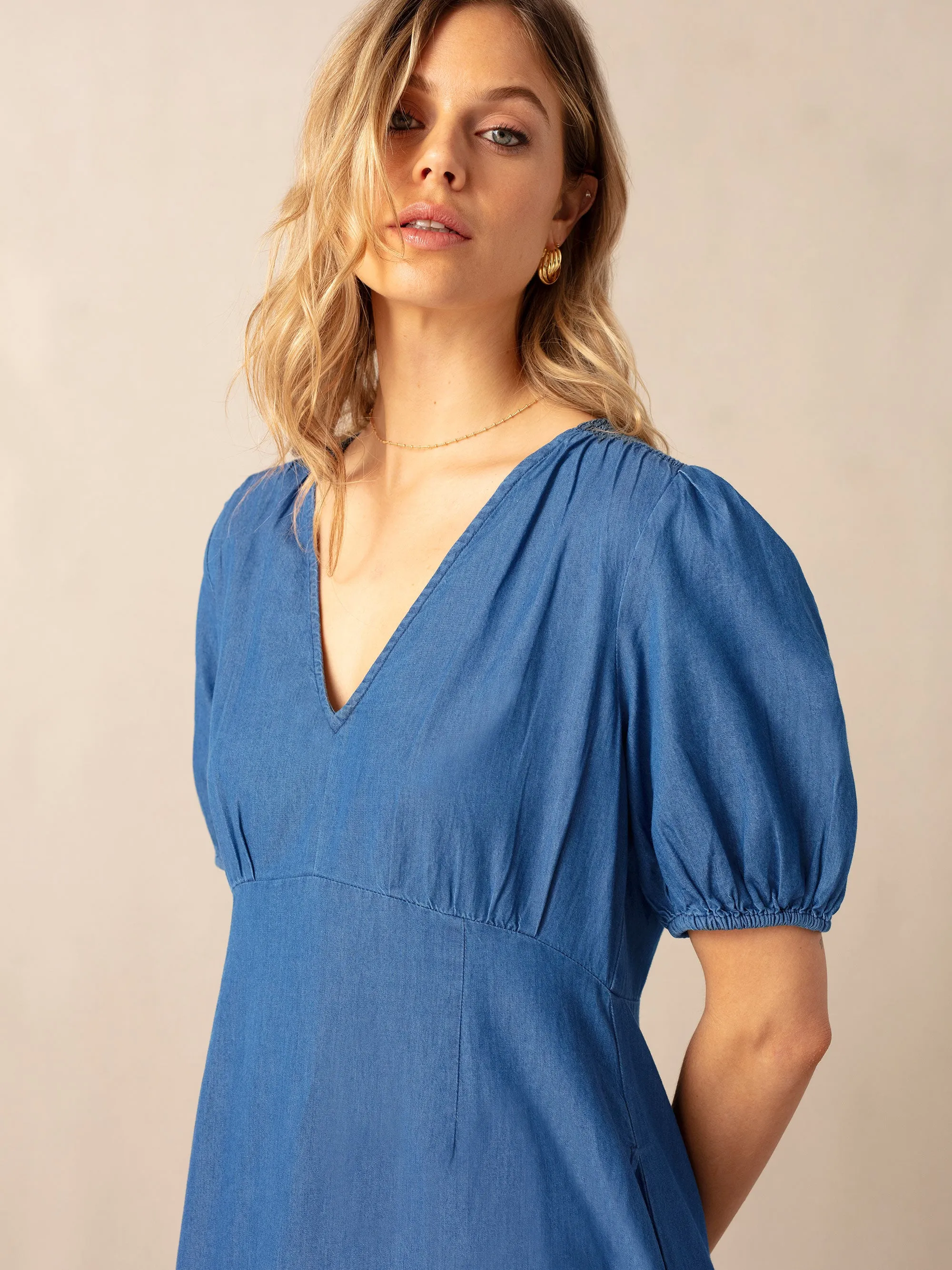 Denim Shirred Shoulder Midi Dress