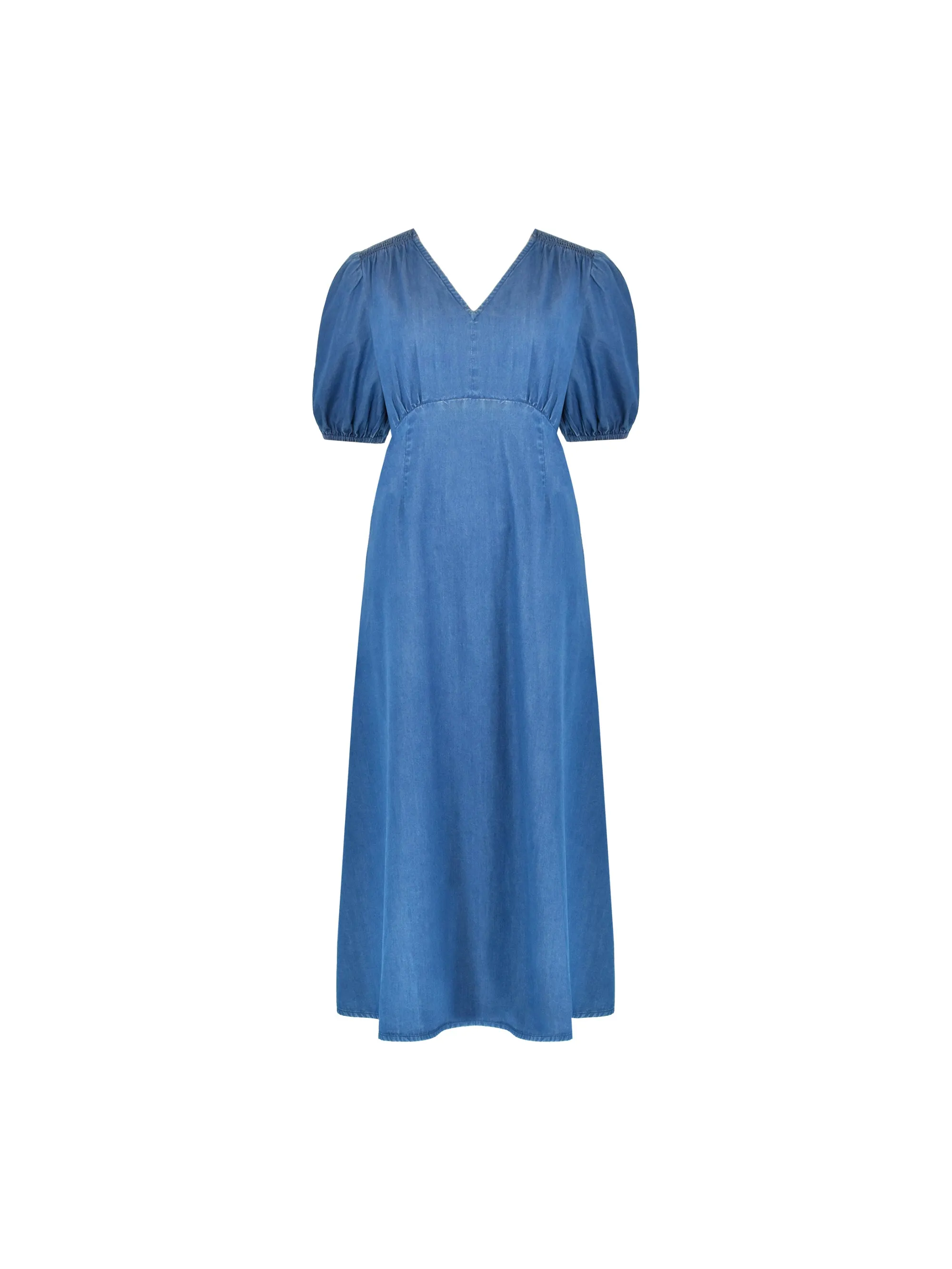 Denim Shirred Shoulder Midi Dress