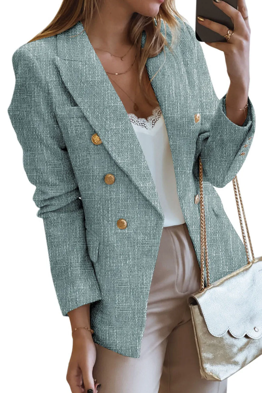 Double Breasted Lapel Blazers Women's Casual Office Long Sleeve Jacket