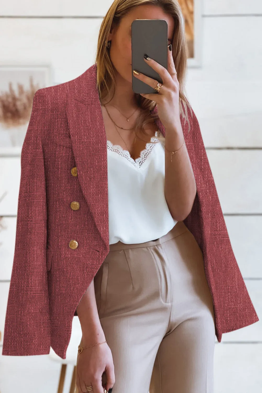 Double Breasted Lapel Blazers Women's Casual Office Long Sleeve Jacket