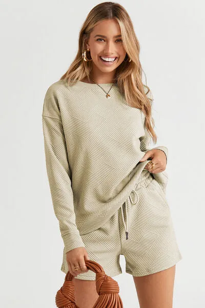 Double Take, Textured Long Sleeve Top and Drawstring Shorts Set