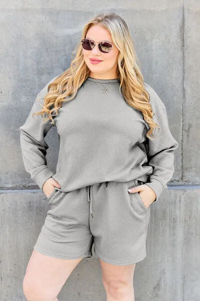 Double Take, Textured Long Sleeve Top and Drawstring Shorts Set