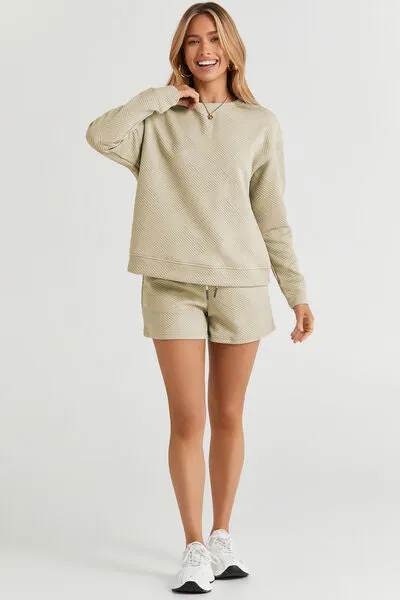 Double Take, Textured Long Sleeve Top and Drawstring Shorts Set