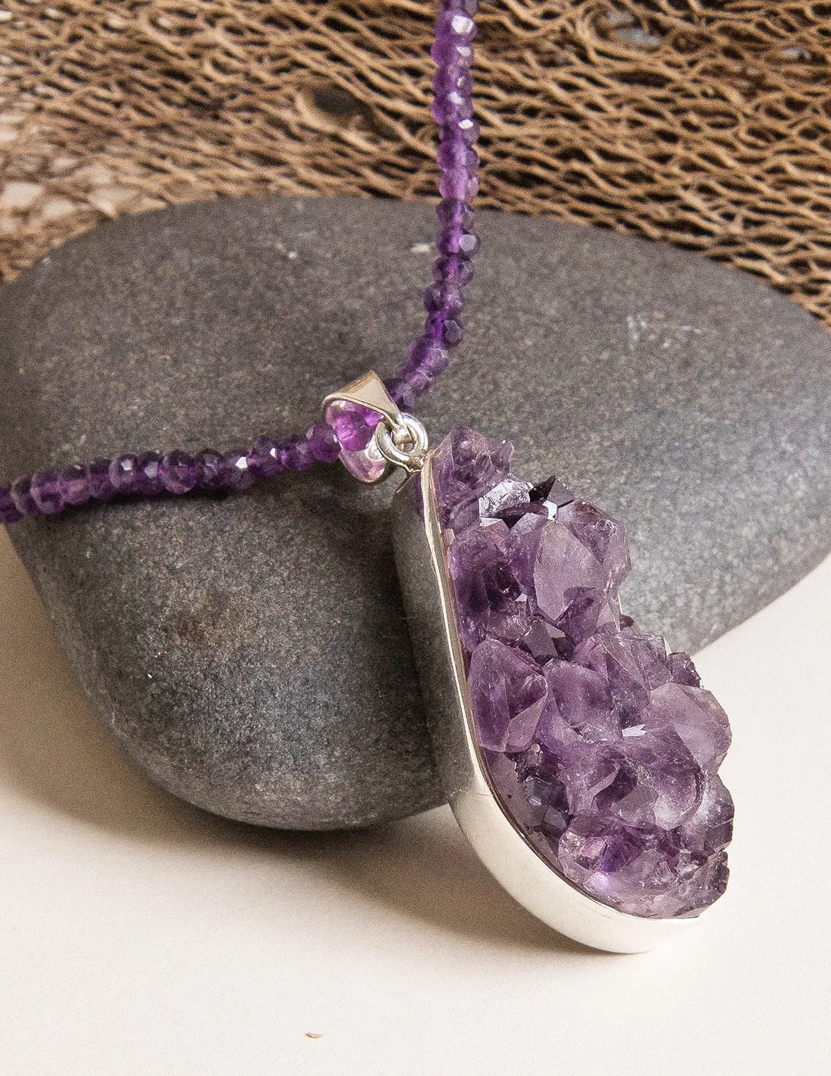 Druzy Amethyst Pendant Beaded Necklace - One of a Kind