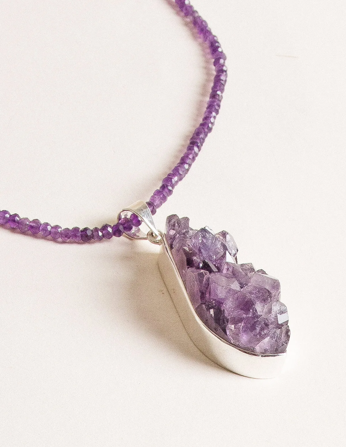 Druzy Amethyst Pendant Beaded Necklace - One of a Kind