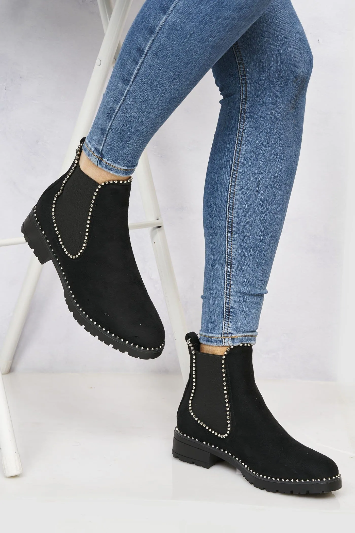 Emma Stud Detailing Sole Ankle Boot in Black Suede