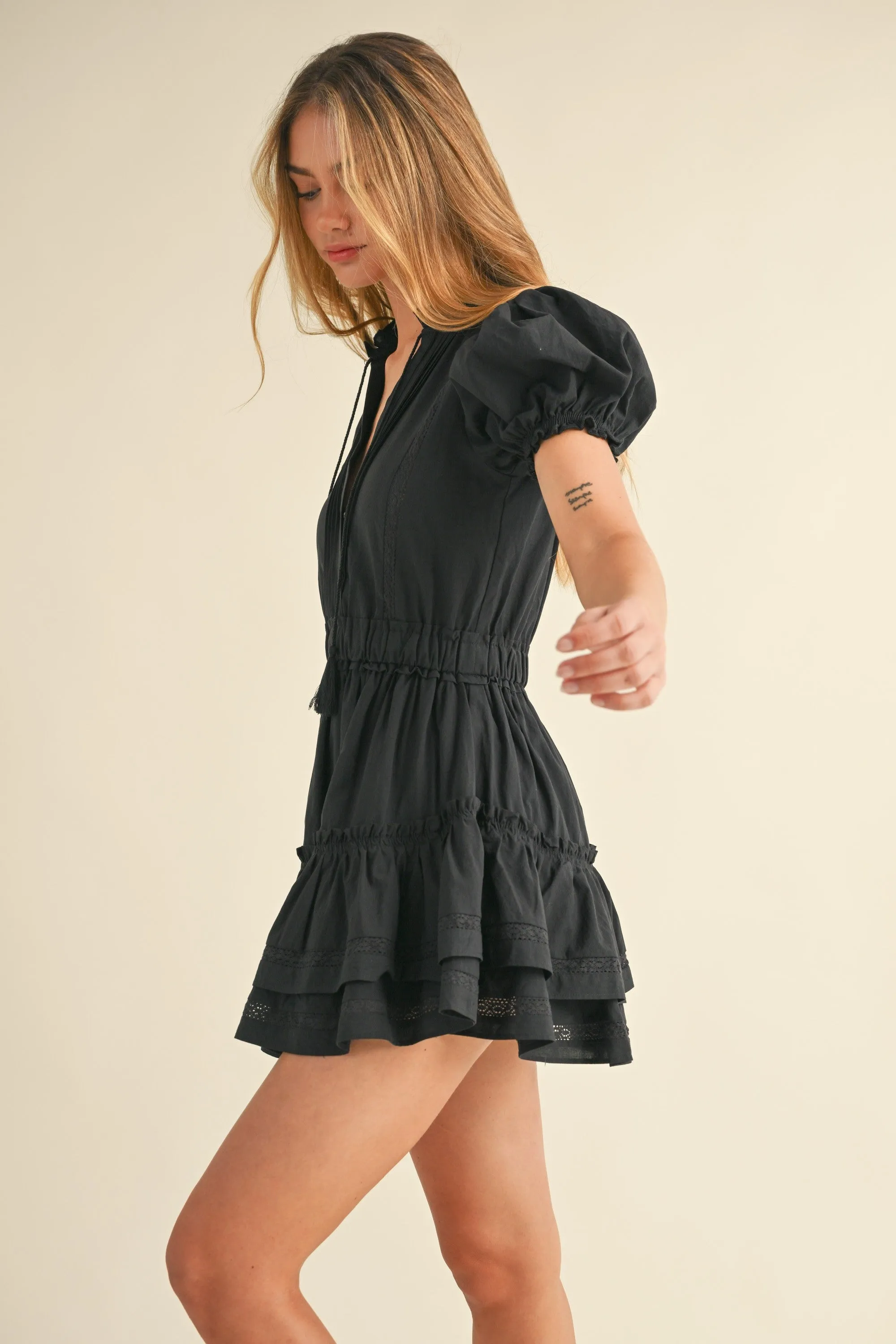 Eyelet Lace Mini Ruffled Tiered Dress